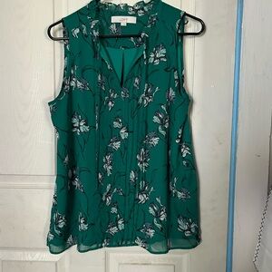 LOFT Green Pleated  Lined Sleeveless Blouse with Mandarin Collar